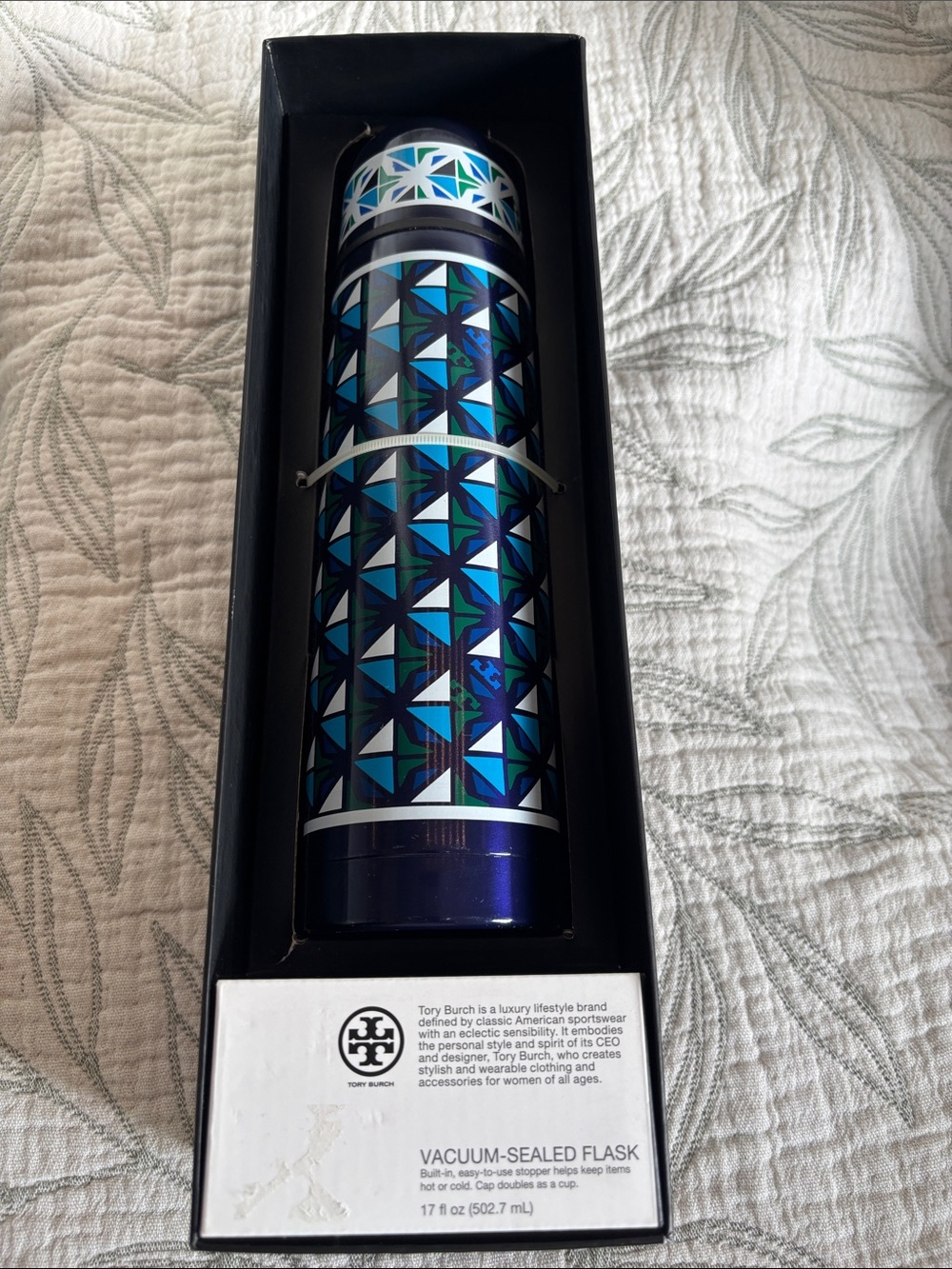 Tory Burch Navy and Teal Geometric Vacuum Flask